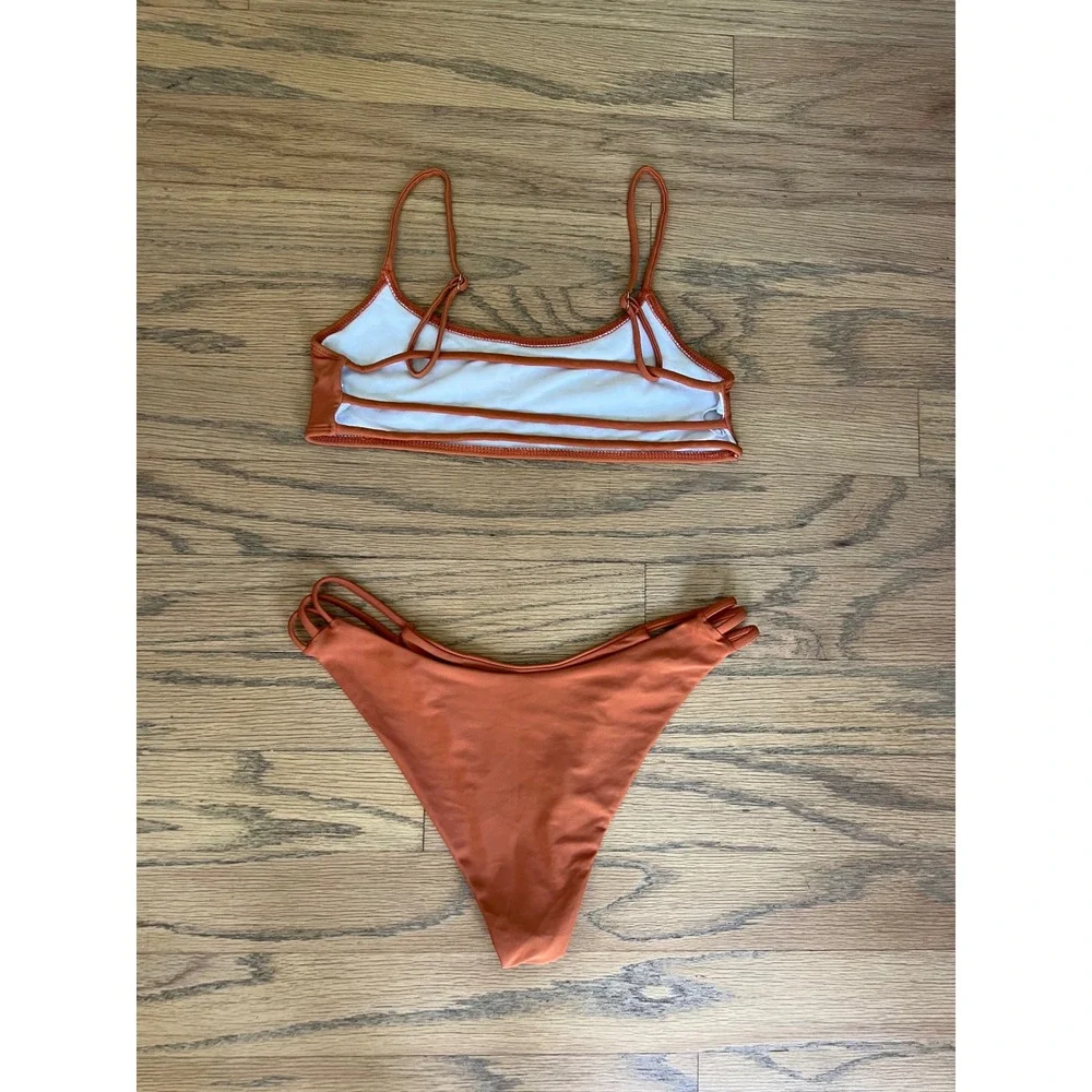 Terracotta Orange Strappy Bikini Set Scoop Neck High Leg Two Piece Swimsuit M